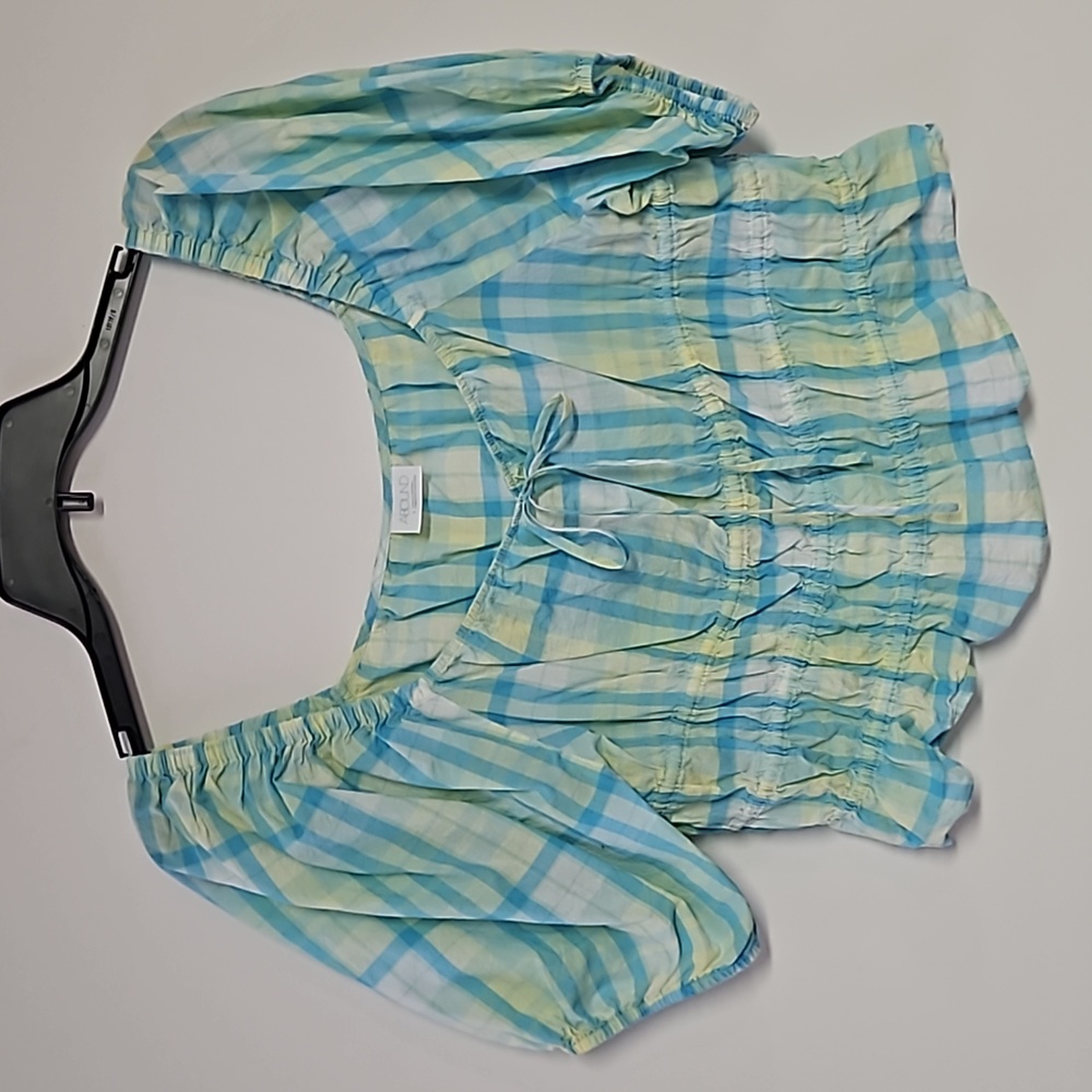 Abound Pastel Blue and Yellow Plaid Cropped Peasant Top